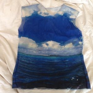 Mesh Print Ocean Beach Print Sheer Muscle Blue