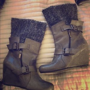 Grey wedge sweater/leather ankle/ calf boot