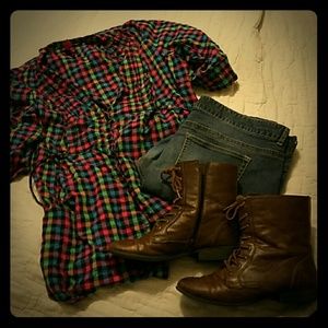 Pure Energy plaid button up tunic style shirt