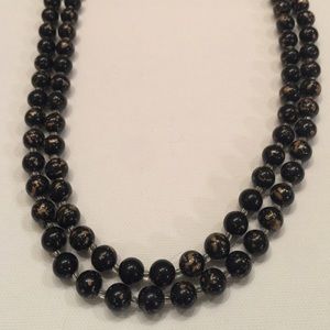 Beautiful Black Beaded Neckless Gold Brush Accent