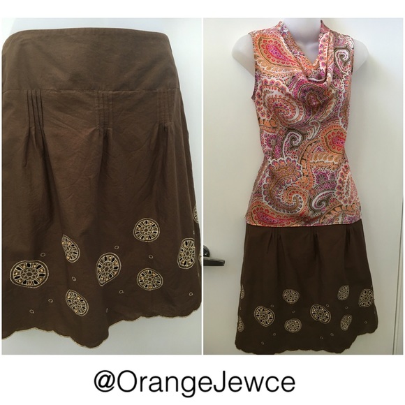 LOFT Dark Brown Boho Embroidered Skirt - Picture 1 of 4