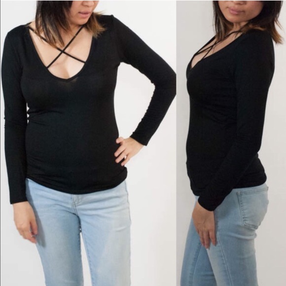 BRYNE long sleeve cross front top - BLACK - Picture 2 of 2