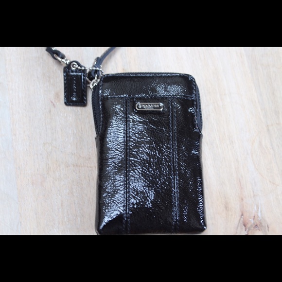 Coach black leather cell phone wristlet