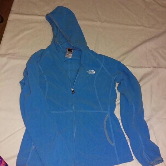 Blue hooded North face zip up fleece sweatshirt