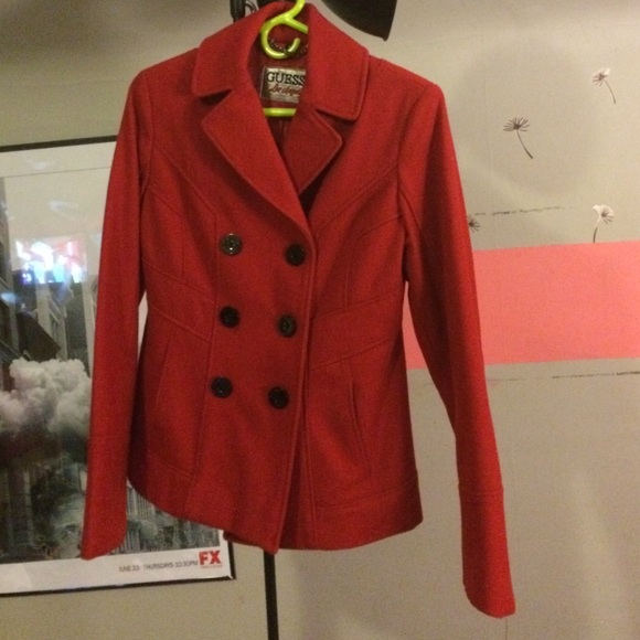 Red guess winter jacket.