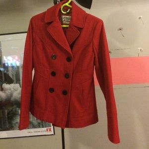 Red guess winter jacket.
