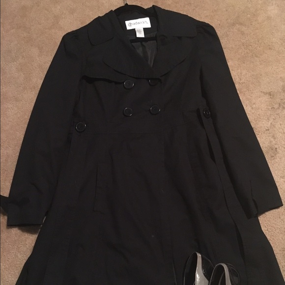 Cute skirted black trench coat.