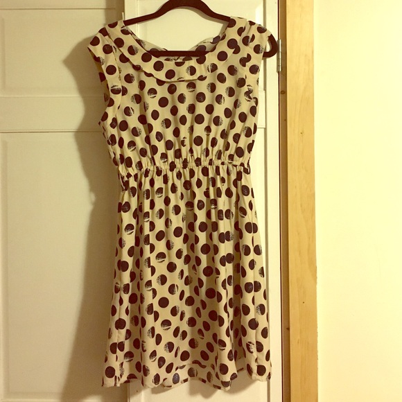 Khaki and Navy Polkadot Dress