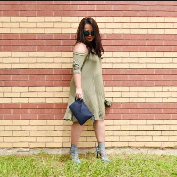 Olive Green Open Shoulder Swing Dress - Picture 2 of 4