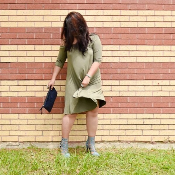 Olive Green Open Shoulder Swing Dress - Picture 3 of 4