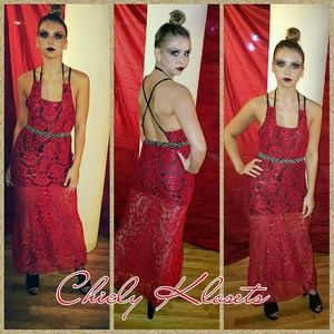 Long black red and black lace dress