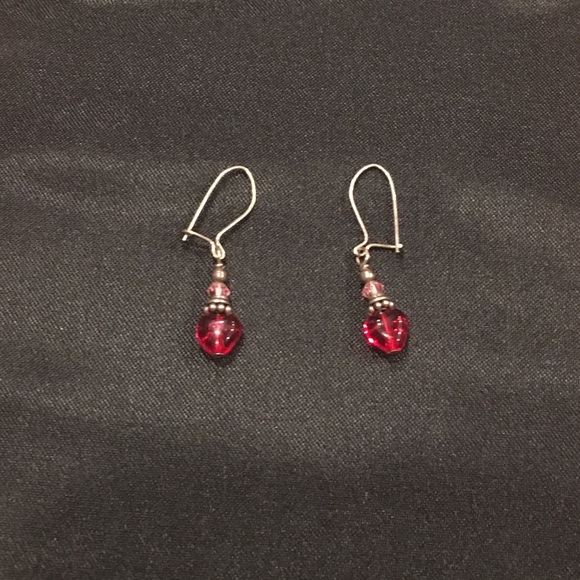 Red heart and pink beaded dangling earrings