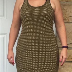 JLo brand green dress with gold balls on front