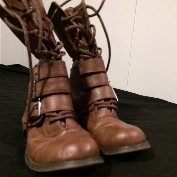 Brown leather combat boots