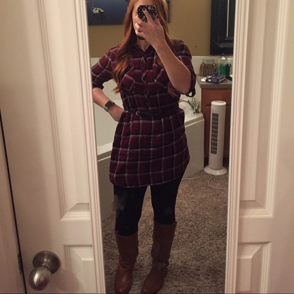 Belted flannel shirt dress