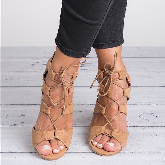 Camel Lace Up Chunky Heel Sandals - Picture 2 of 3