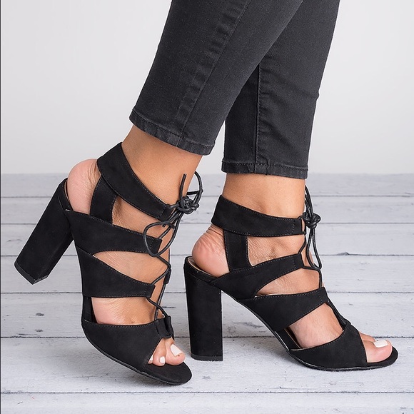 Camel Lace Up Chunky Heel Sandals - Picture 3 of 3