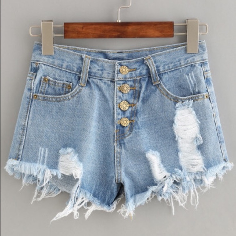 Distressed jean shorts.