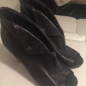 B Makowsyi black leather bootie stilettos
