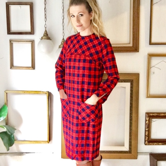 Vintage Red and Navy Plaid 60s Shift Dress