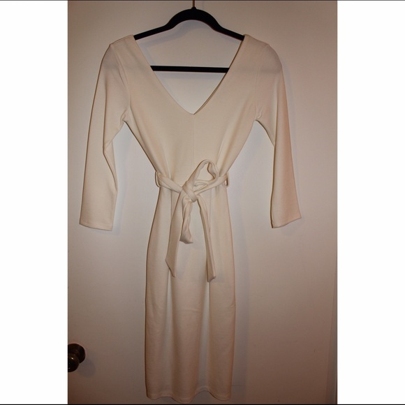 Lulu's Midi Form Fitting White V Neck Dress