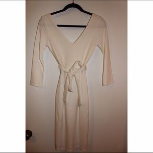 Lulu's Midi Form Fitting White V Neck Dress