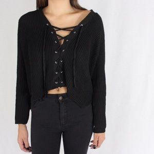 Lace up knit black sweater