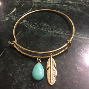 Gold Bangle with turquoise and feather charm