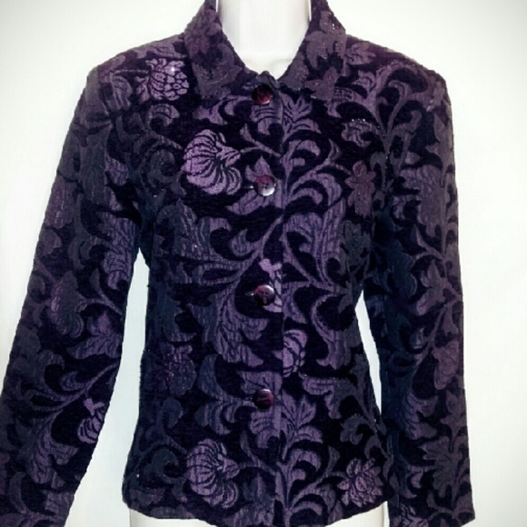 Coldwater Creek Dark purple floral tapestry blazer
