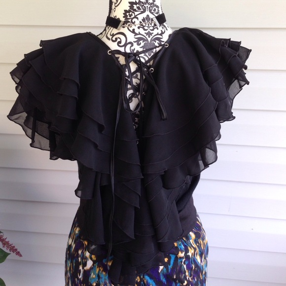 Topin Tops - ⭐️SOLD⭐️ Fluffy Ruffle Black Lace Up Boho Blouse
