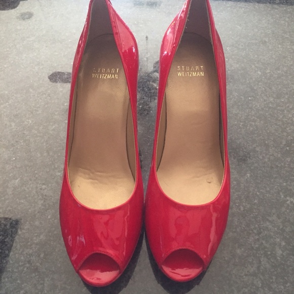 Stuart Weitzman Shoes - Stuart Weitzman Patent Red Peep Toe Heels