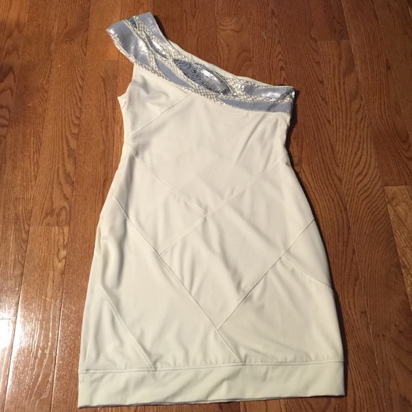 BEBE off white sequence off shoulder dress