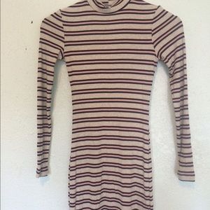 Striped 2x1 Rib Mock Neck Long Sleeve Mini Dress