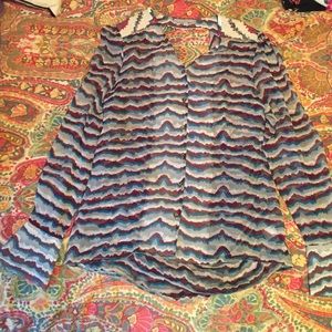 Sheer blue and red blouse with sequence details