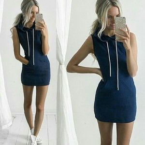 Dark Blue Sleevless Hoodie Dress with Pocket