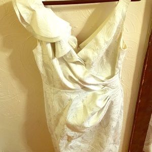 An off the shoulder midi cocktail dress