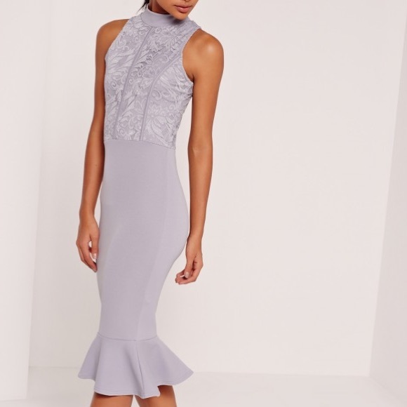 High neck lace fishtail midi dress