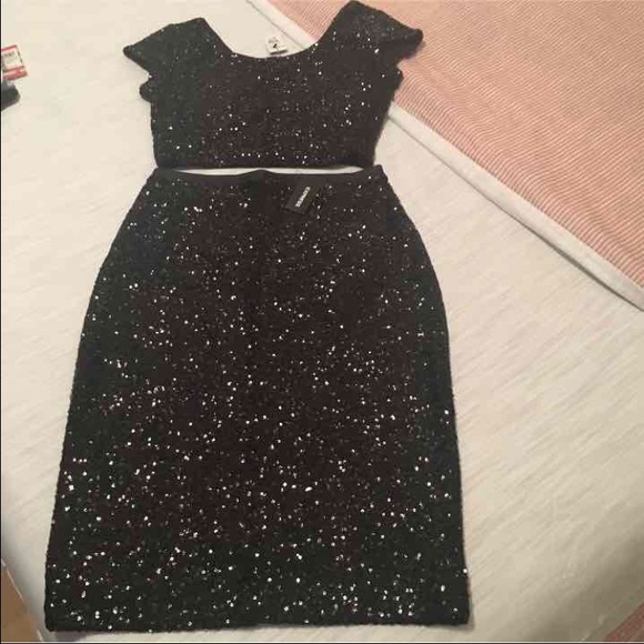 Black sequins crop top and pencil skirt