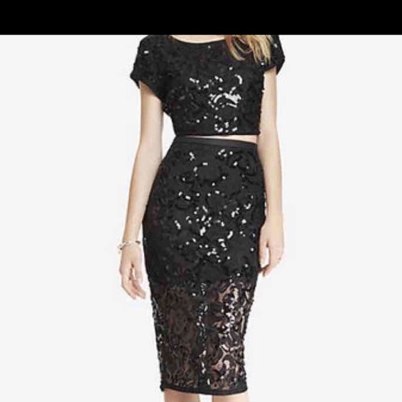 Express Skirts Black Sequins Crop Top And Pencil Skirt Poshmark