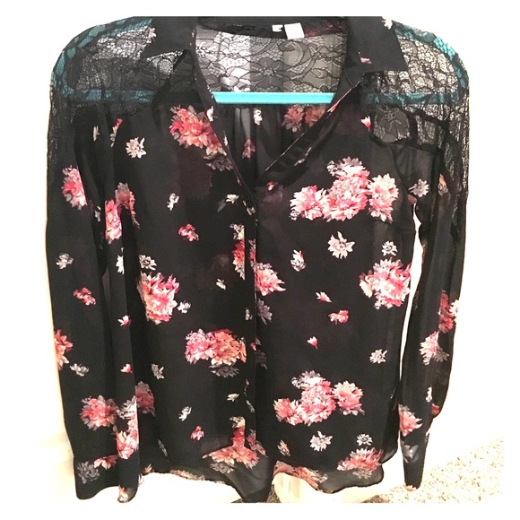 Black floral lace button down blouse