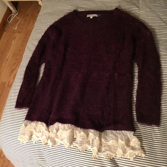 Super soft plum sweater with lace trim by Cecico