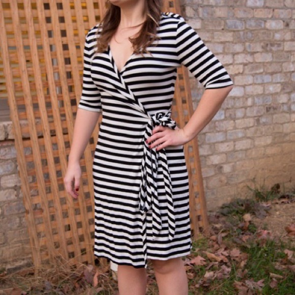 black and white striped wrap dress