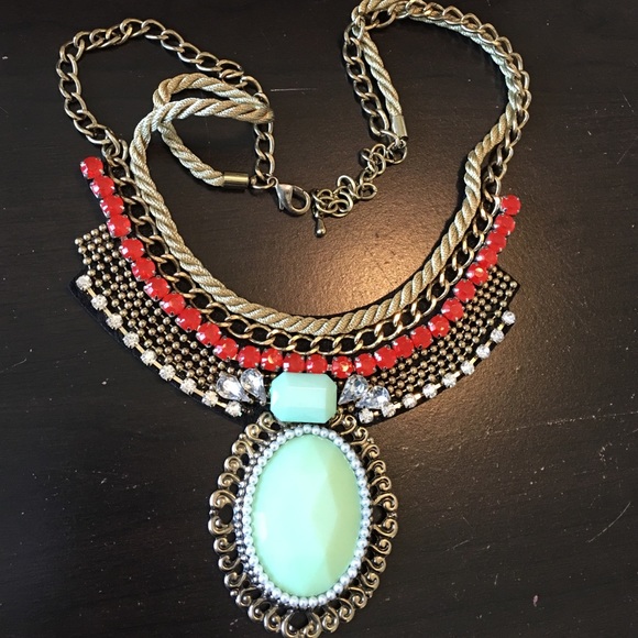 Statement Necklace Mint Green/ coral / gold tone