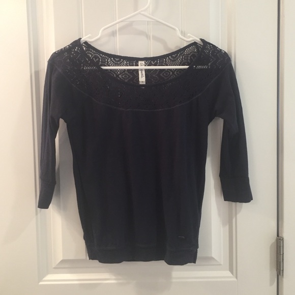 Navy blue top with lace neckline