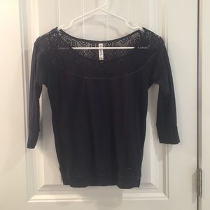 Navy blue top with lace neckline