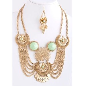 Draped Chain Beaded Statement Necklace w Earrings