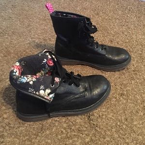 Black faux leather combat boots