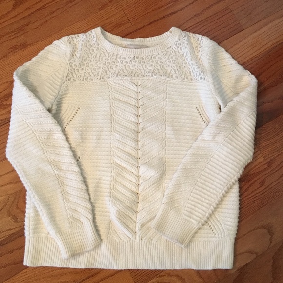 LOFT ivory chunky cable lace detail sweater