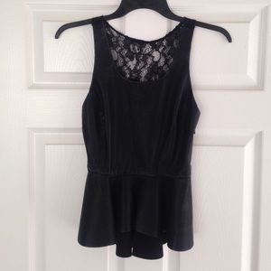 Faux leather black tight frilled top