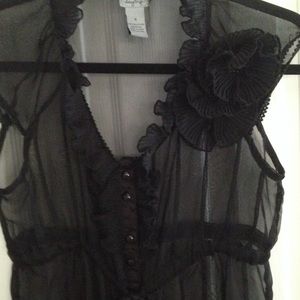 Sheer transparent black vest / robe / kimono / duster w corsage flower